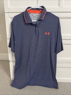 Under Armour Men’s Navy Polo with Coral Logo and Pink Dot Pattern